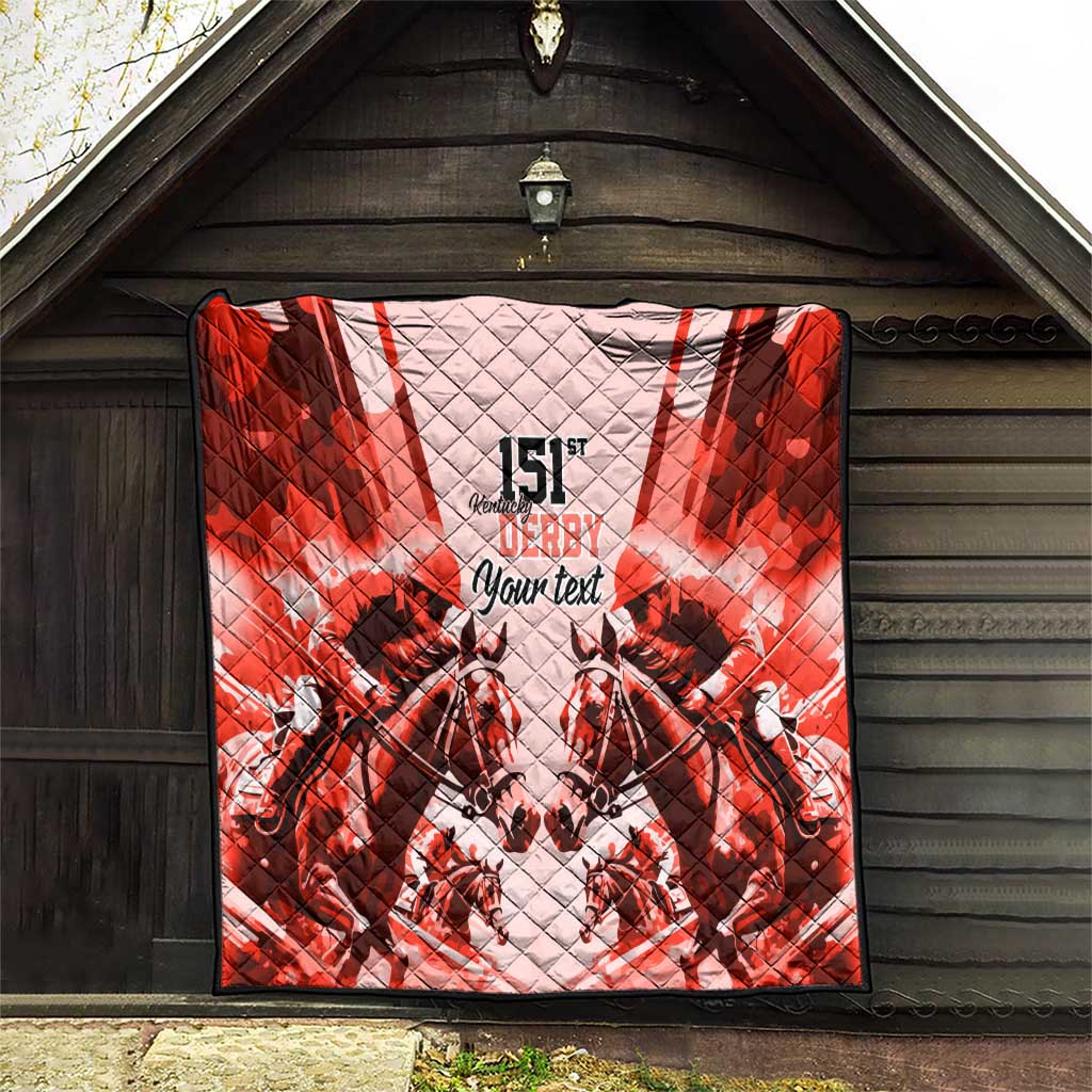 Red quilt hanging outdoors, featuring “151st Derby” and “Your text” with horse riders artwork.