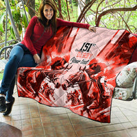 Red and white quilt draped on a couch, horse race graphic with “151st Derby” and “Your text”.