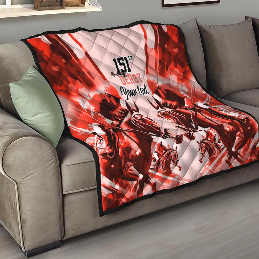 Red quilt on a living room sofa with “151st Derby” and “Your text” over horses and riders.