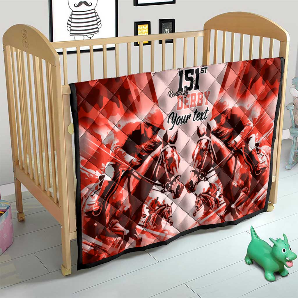 Red horse racing quilt in a crib, featuring “151st Derby” and “Your text” center design.