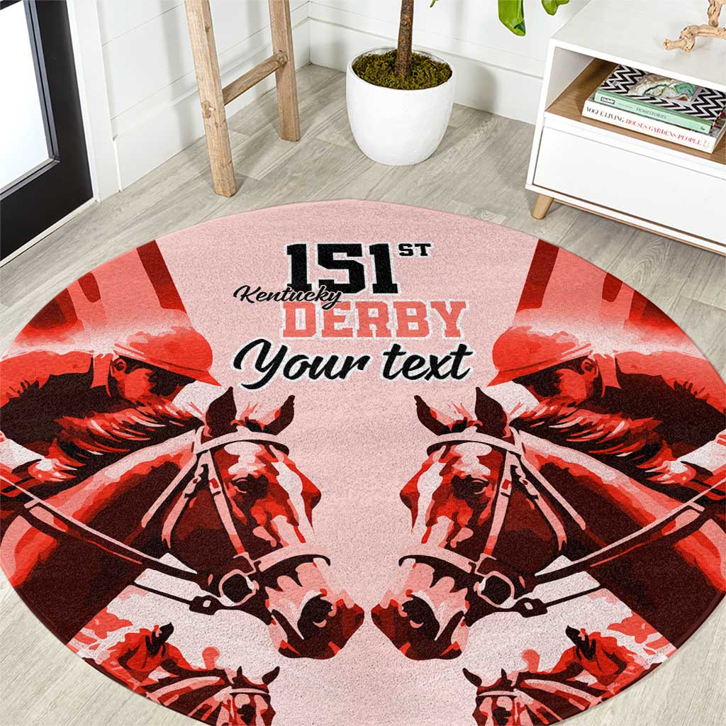 Red round racing carpet with 151st Derby text and black horse silhouettes