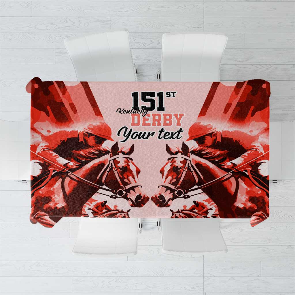 Red personalized 151st Derby tablecloth with horses and editable text