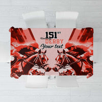 Red personalized 151st Derby tablecloth with horses and editable text
