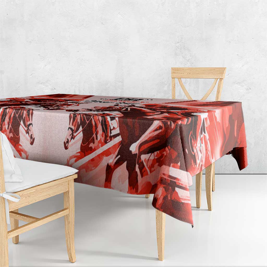 Red and white horse motif tablecloth with overhanging corner on table