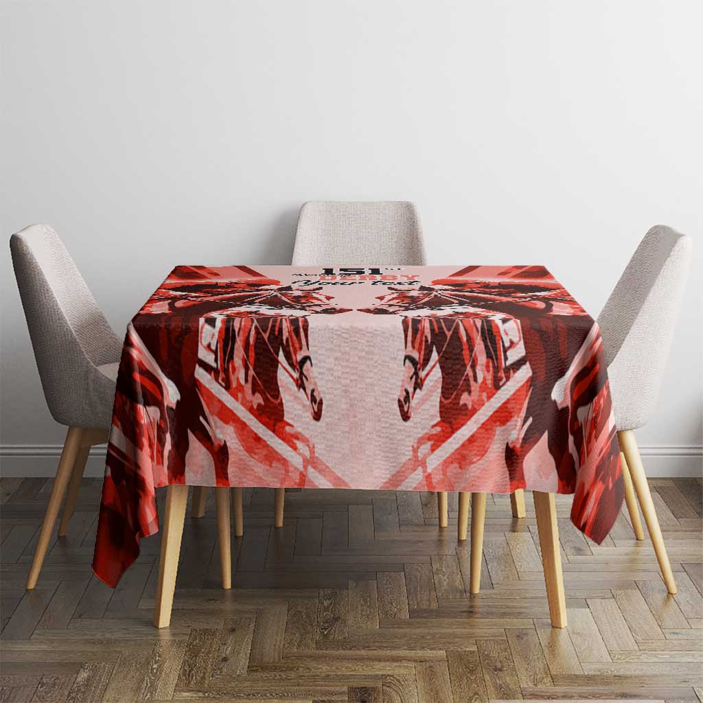 Red horse-themed tablecloth on square dining table with four chairs