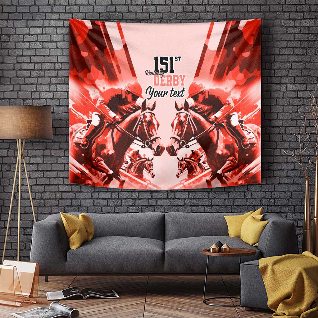Red horse racing tapestry with mirrored horses and 'Your text' for the 151st Derby