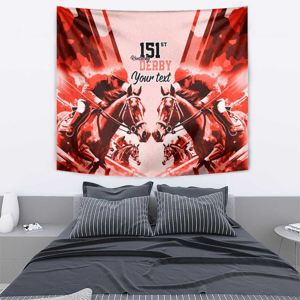 Red horse racing tapestry showing mirrored horses, '151st Derby', and 'Your text'