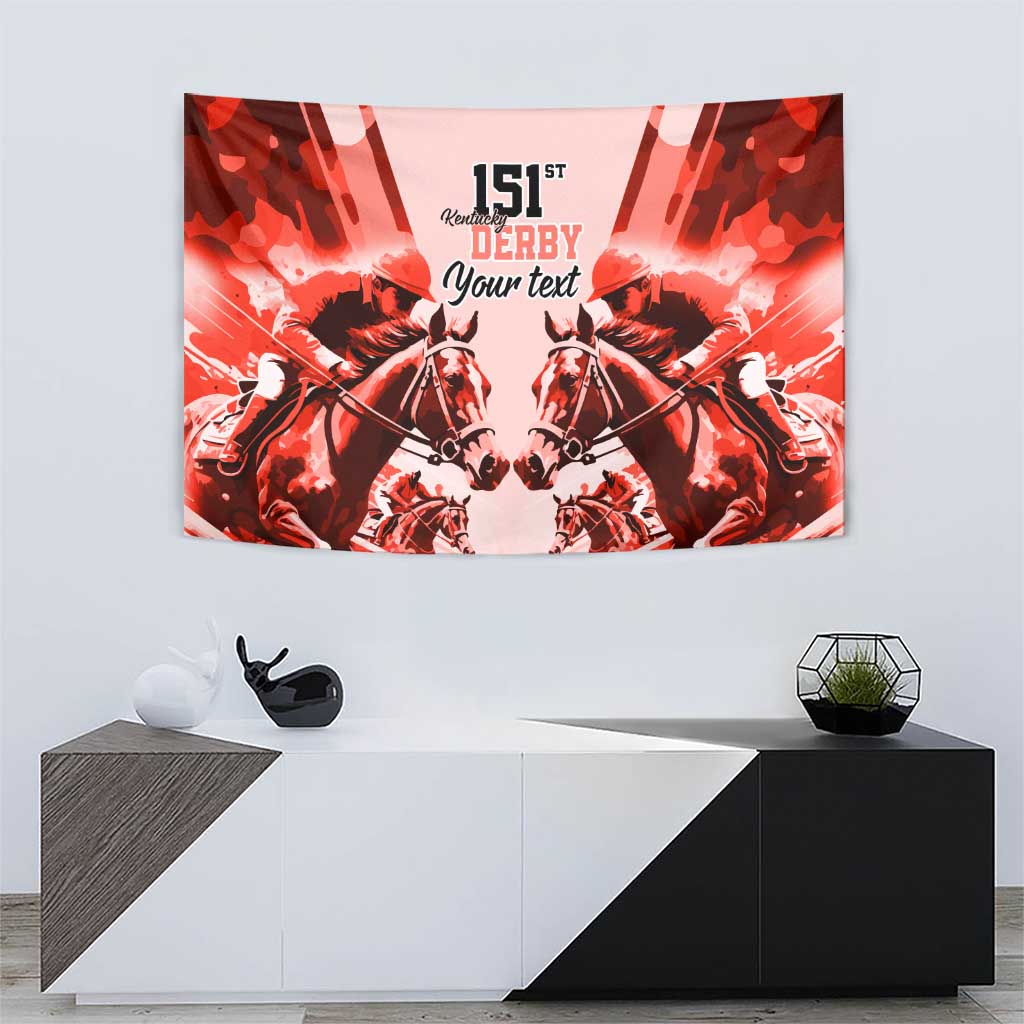 Red horse racing tapestry with '151st Derby' title, mirrored horses, and 'Your text'
