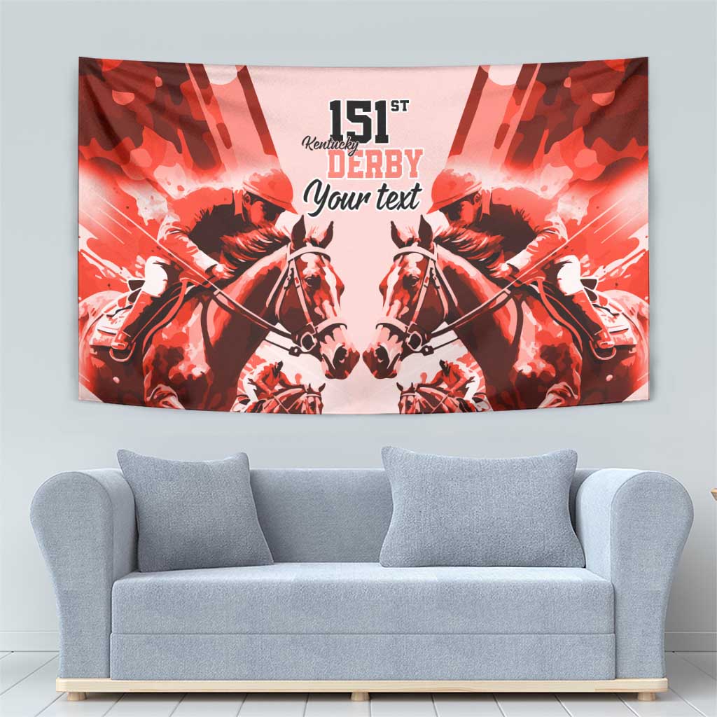 Red horse racing tapestry with mirrored horses, 'Kentucky Derby' lettering, and 'Your text'