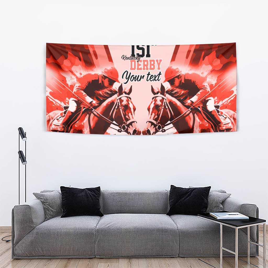 Red horse racing tapestry featuring mirrored horses, '151st Derby', and 'Your text'