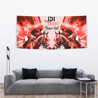 Red horse racing tapestry featuring mirrored horses, '151st Derby', and 'Your text'