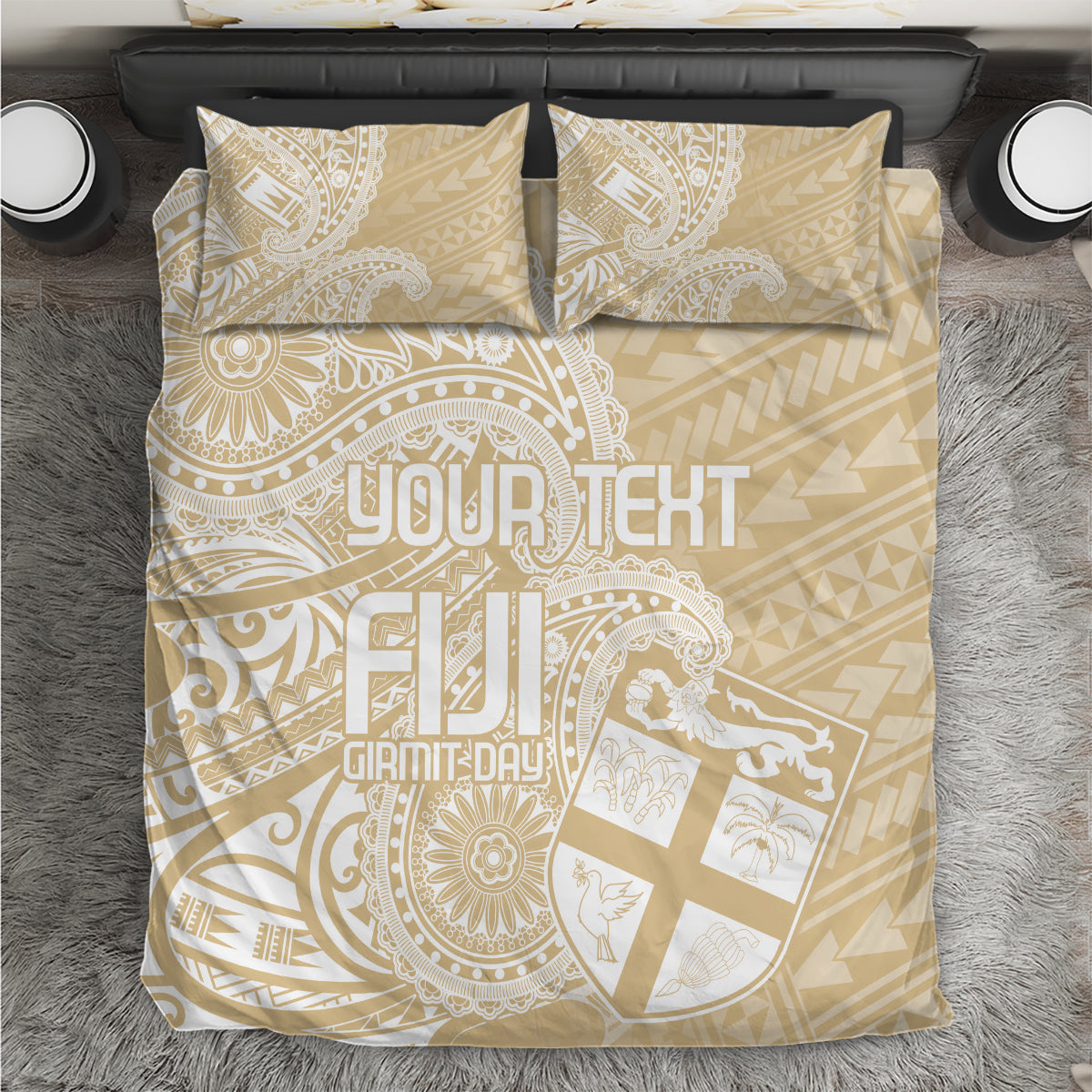 Beige bedding set with ornate paisley medallion pattern and two matching pillowcases