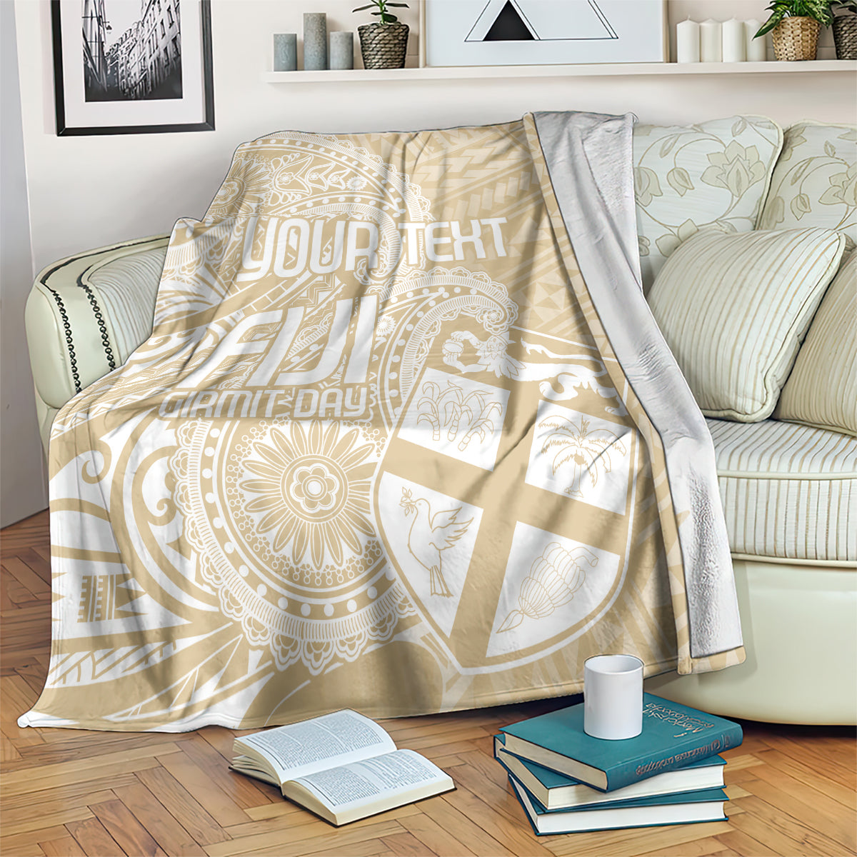 Beige patterned throw blanket with paisley mandala design and 'YOUR TEXT' print