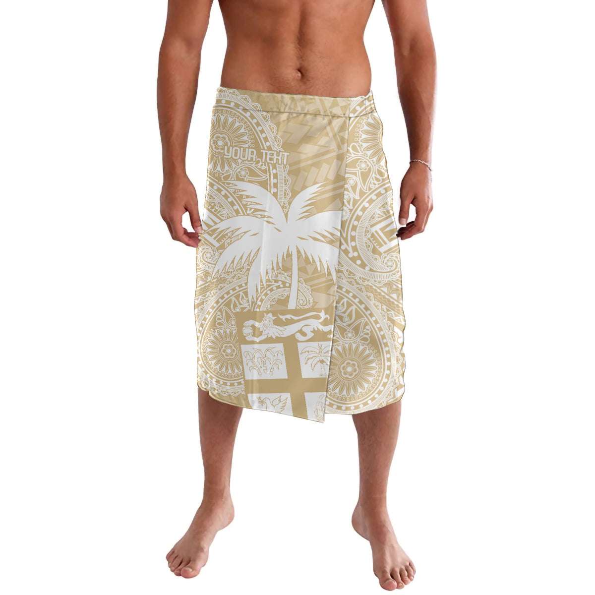 Beige patterned wrap-style sarong with elastic waistband and paisley motifs