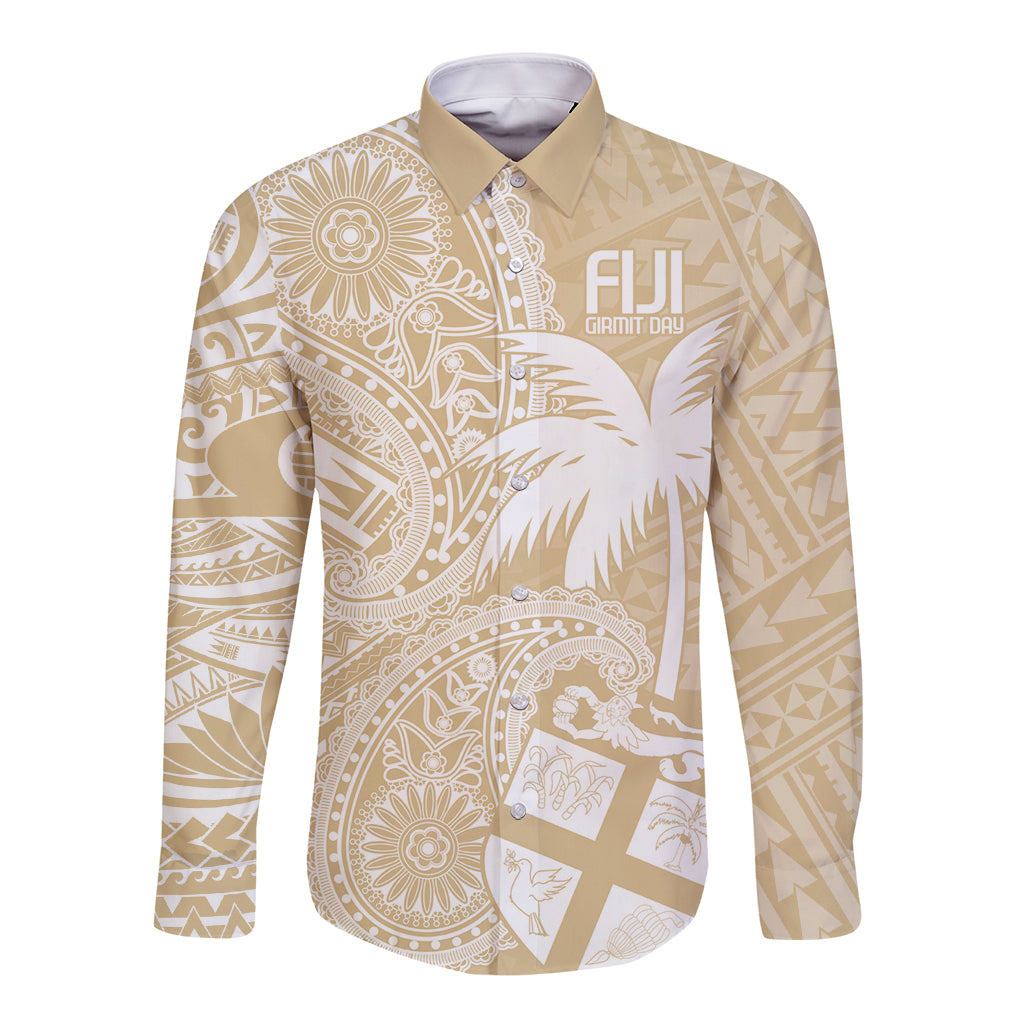 Beige long-sleeve button shirt with gold paisley and island pattern