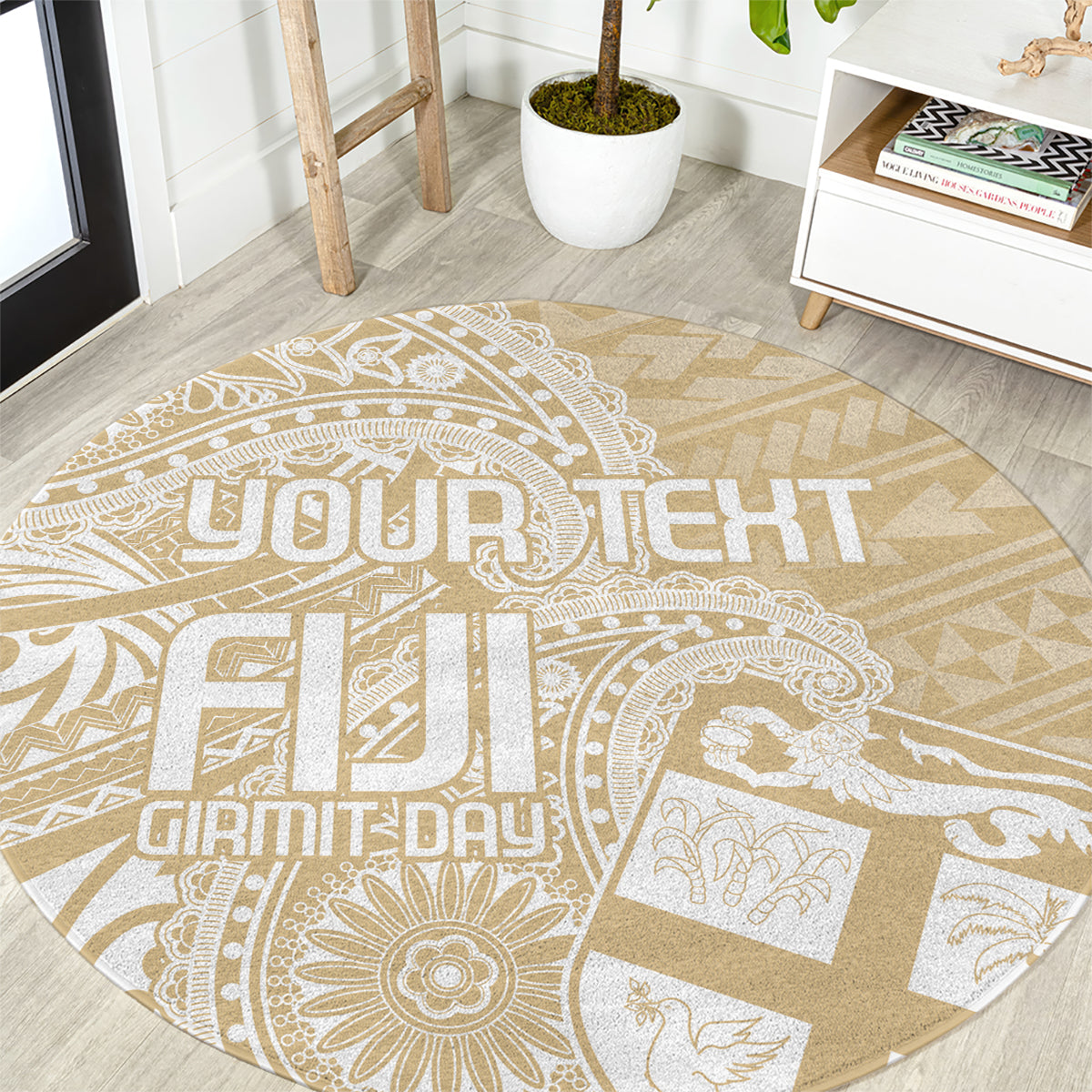 Beige round carpet with white ornate pattern and “YOUR TEXT” typography center
