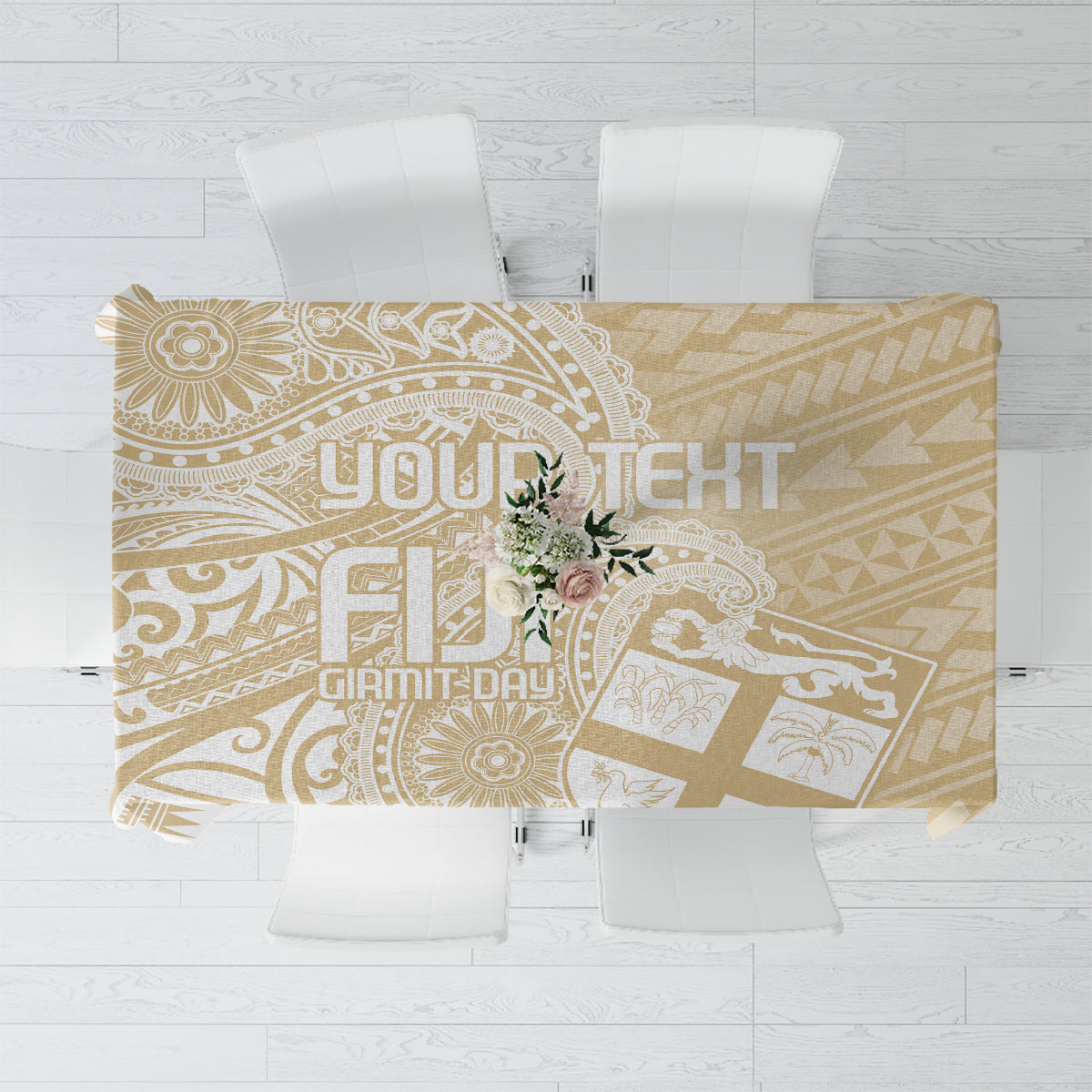 Beige tablecloth with gold paisley and geometric pattern, flat top view