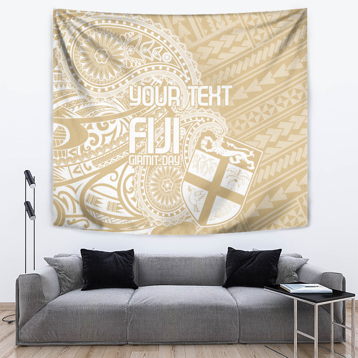 Beige tapestry with gold floral paisley and geometric pattern, plus customizable “YOUR TEXT” and “FIJI”.