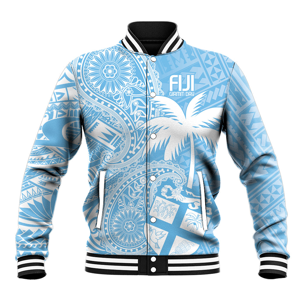 Blue baseball jacket with zip, striped collar, and bold paisley map-style print