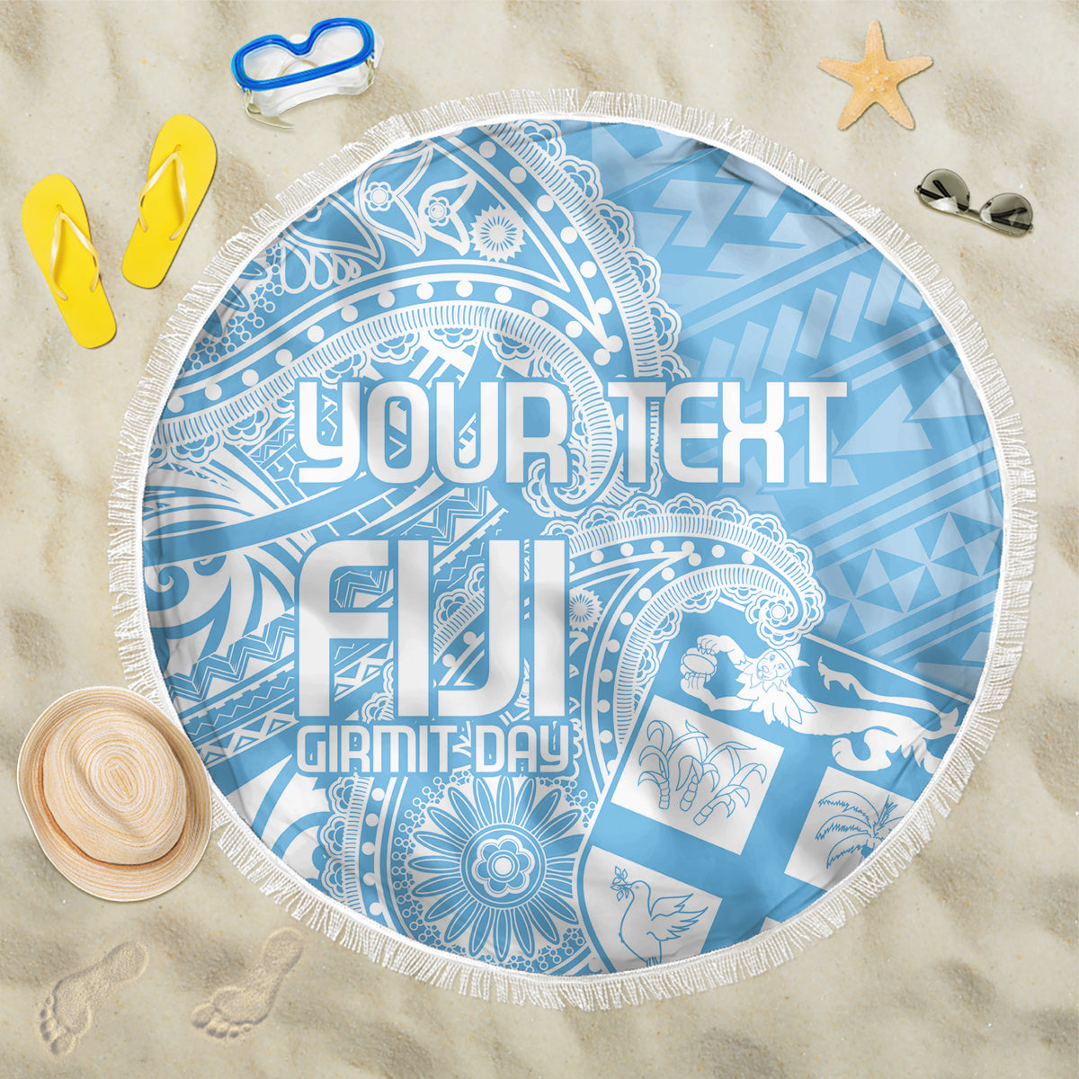 Blue round beach blanket with white fringe edge and paisley graphic design