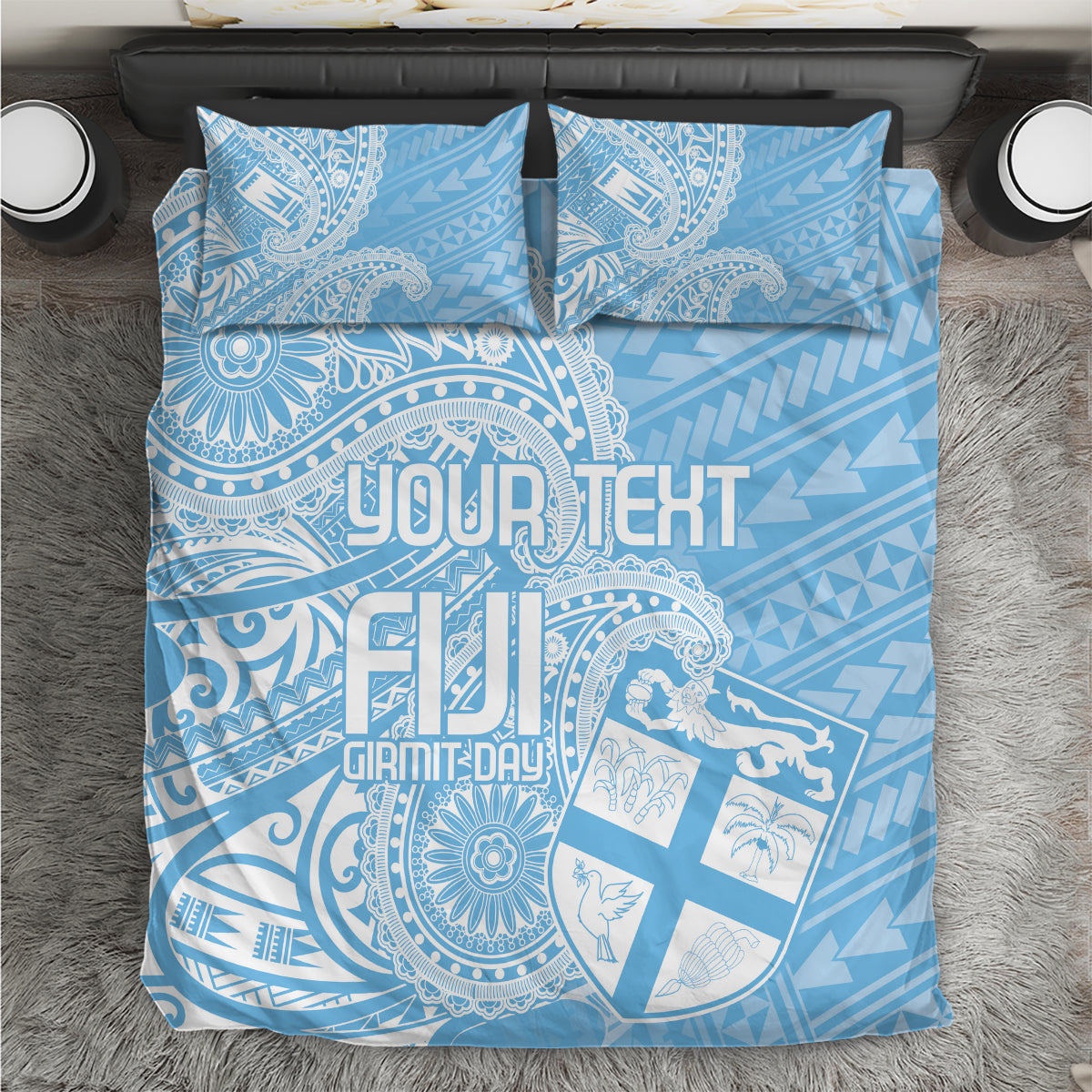 Blue paisley duvet cover set with two matching pillowcases, central ornate panel