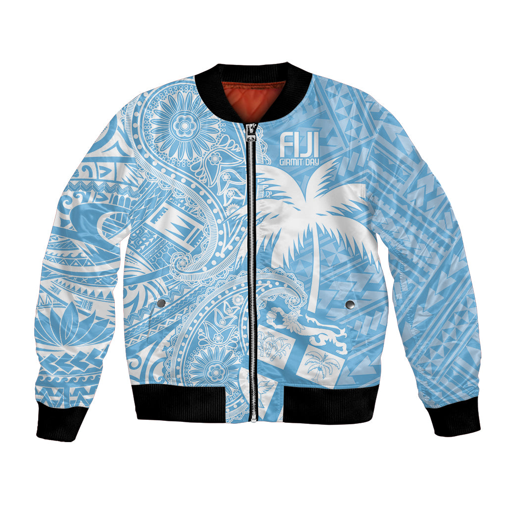 Unisex blue bomber jacket with zip, black ribbed collar and hem, tropical paisley print