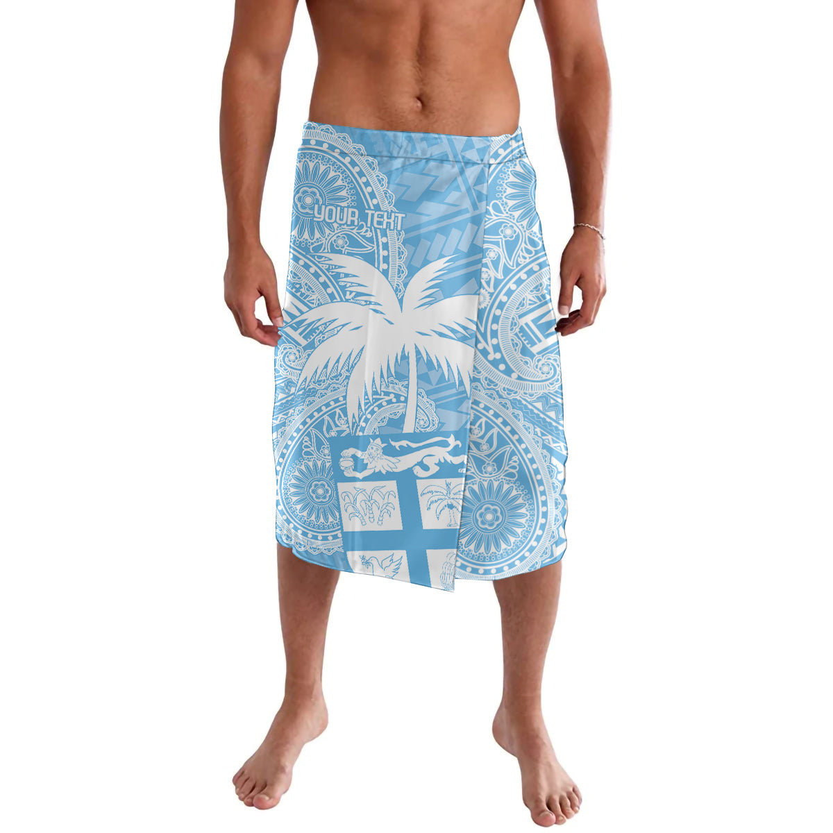 Blue and white patterned swim shorts with elastic waistband, knee length.