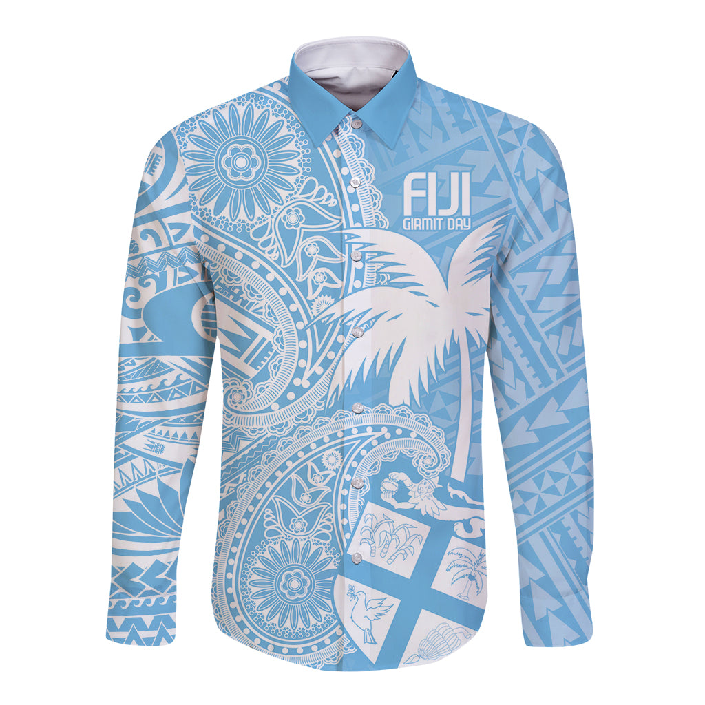 Blue long-sleeve button shirt with paisley and tribal graphic print