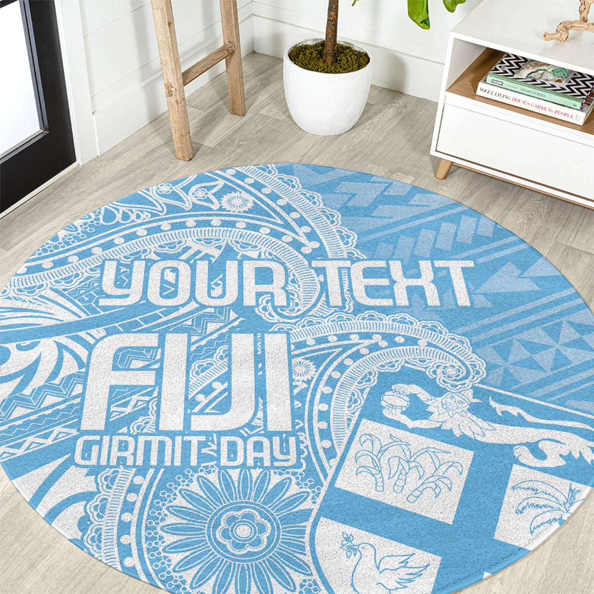 Round blue area rug with circular paisley pattern and customizable center text.