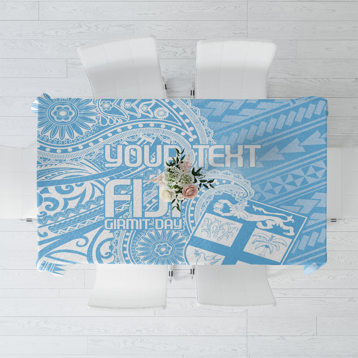 Blue patterned tablecloth with paisley and geometric motifs, rectangular drape