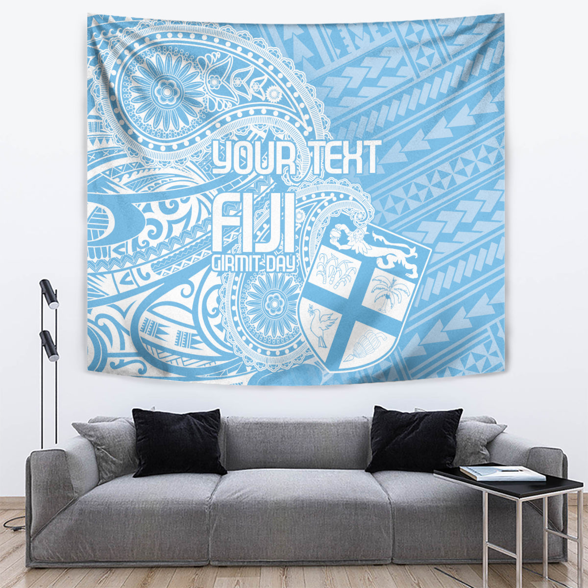 Blue tapestry with ornate circular medallion and 'YOUR TEXT' and 'FIJI' lettering