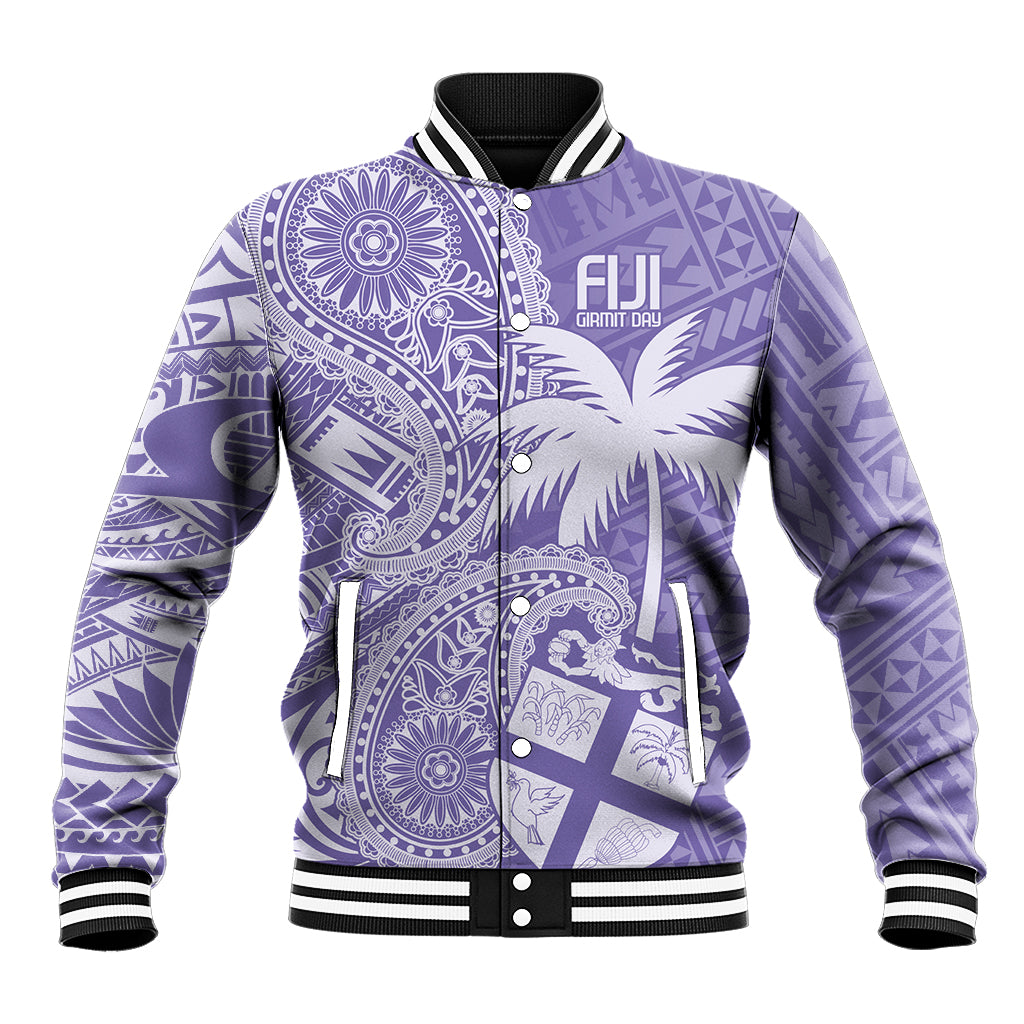 Purple baseball jacket with paisley graphics, zip front, black ribbed collar and cuffs
