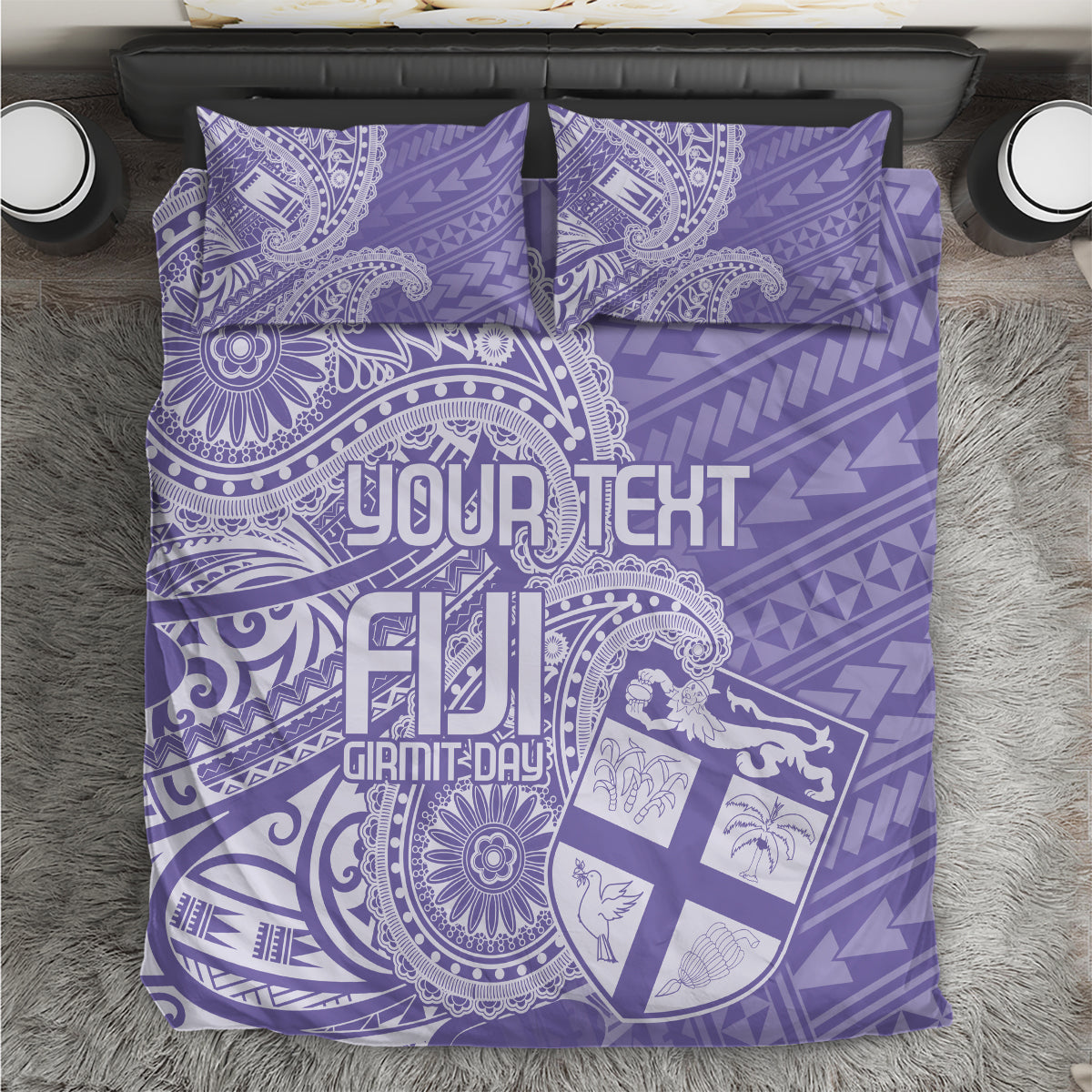 Purple paisley bedding set with pillowcases, centered “YOUR TEXT” print and motifs