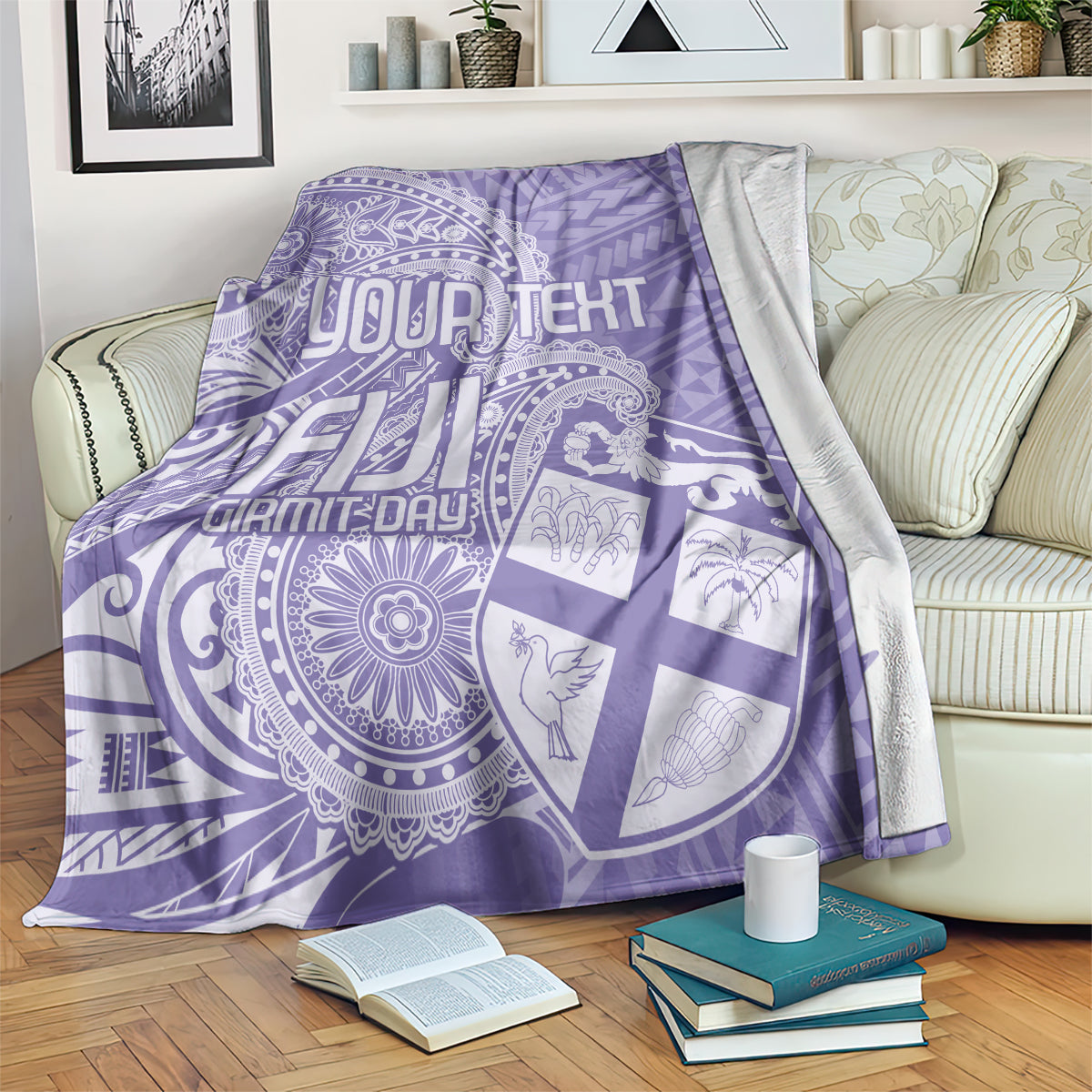 Purple blanket with white paisley and geometric print, includes 'YOUR TEXT' placeholder