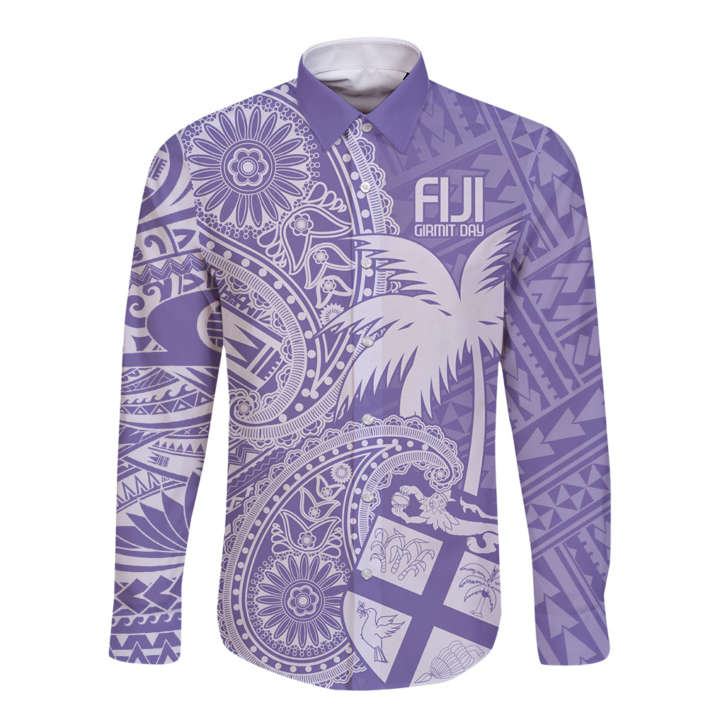 Unisex long sleeve button shirt, purple with paisley and palm graphic print