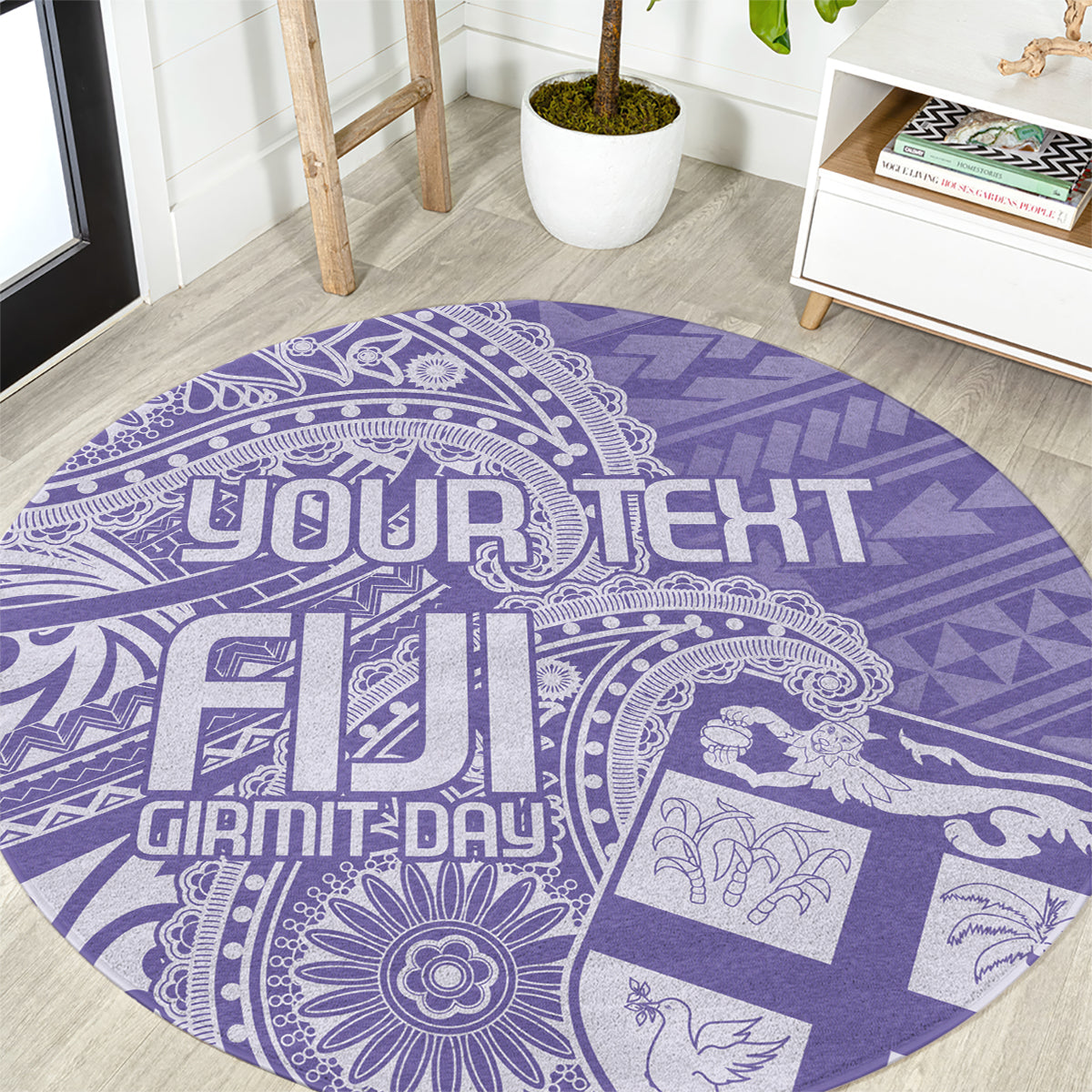 Purple round rug with white paisley/geometric print and 'YOUR TEXT' text