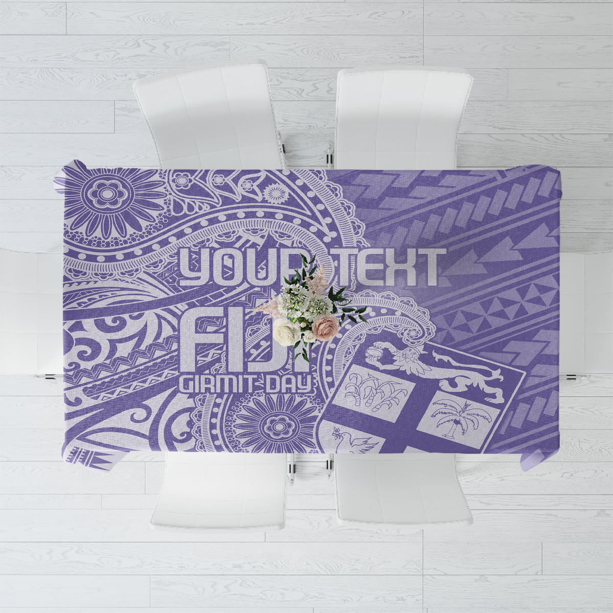 Purple paisley geometric tablecloth draped over table with chairs