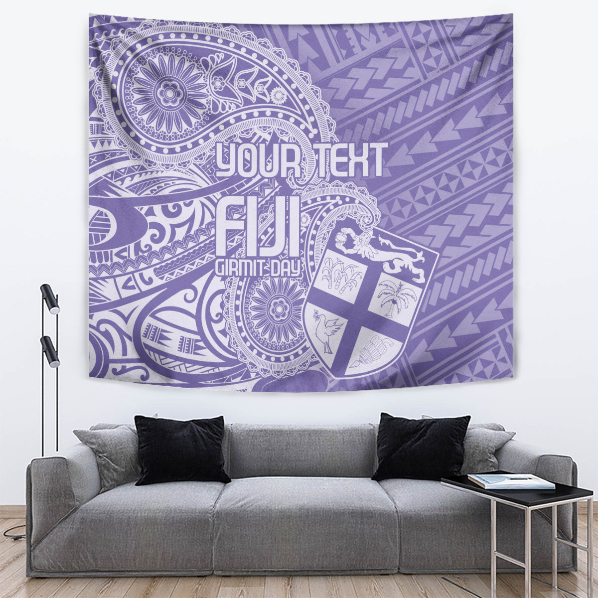 Purple and white patterned tapestry with decorative crest and Your Text Fiji.