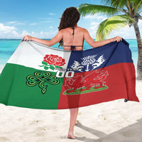 British Lions sarong held behind the back, red green blue flag design with lion crest