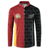 Red/black button sweatshirt with crest logo, white emblem, long sleeves