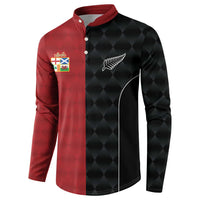 Red/black button sweatshirt with crest panel and white emblem, long sleeves
