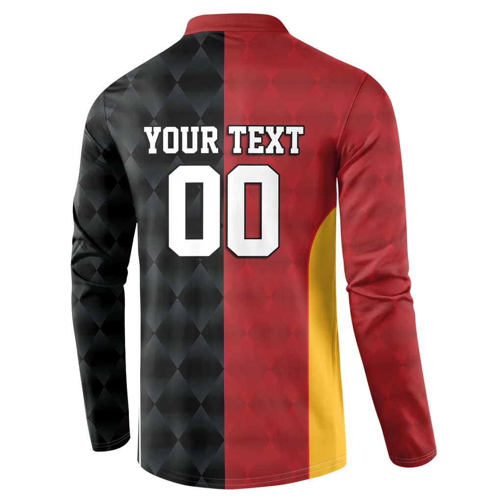 Back view button sweatshirt with 'YOUR TEXT' and '00' print on red/black panels