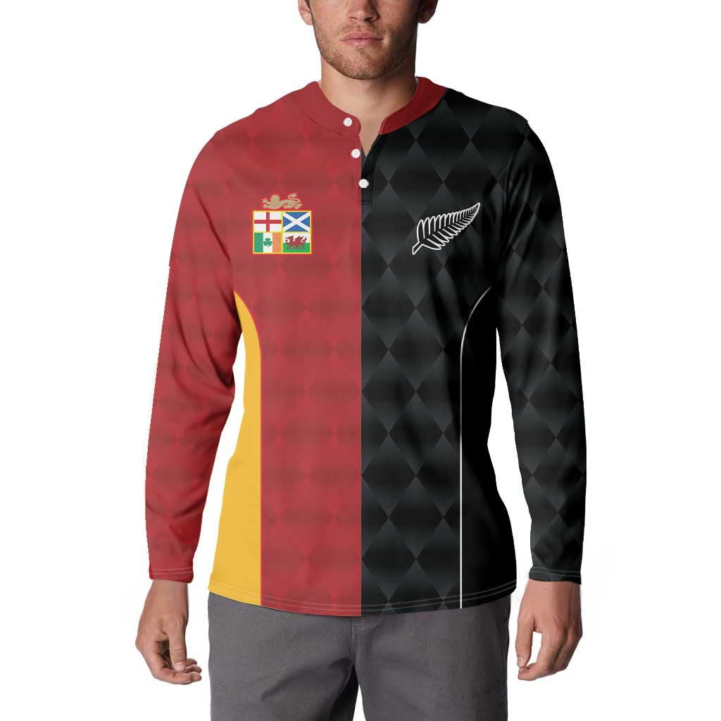 Button sweatshirt on model, red/black panels with crest and white emblem