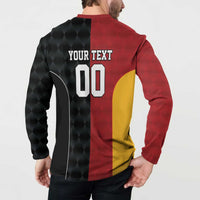 Back of button sweatshirt on model with 'YOUR TEXT 00' print, red/black/yellow panels