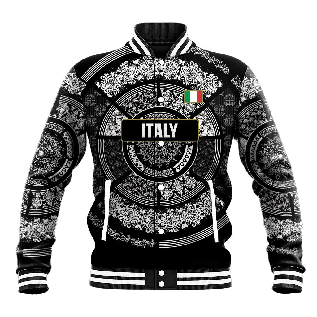 Italy Rugby Concept Custom Baseball Jacket Black and White Mandala Inspired
