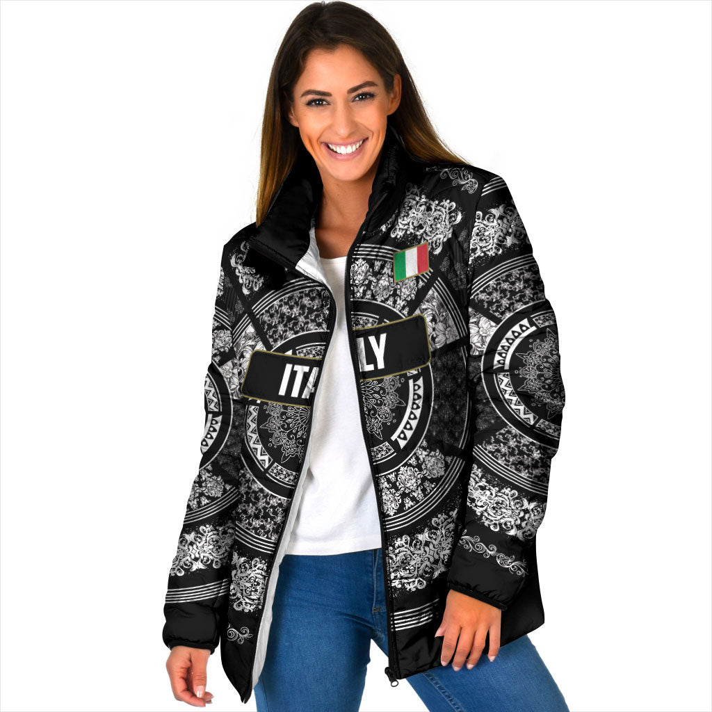 Italy Rugby Concept Custom Padded Jacket Black and White Mandala Inspired