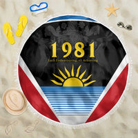 Round beach blanket, red/white with tassel fringe, 1981 sun emblem graphic