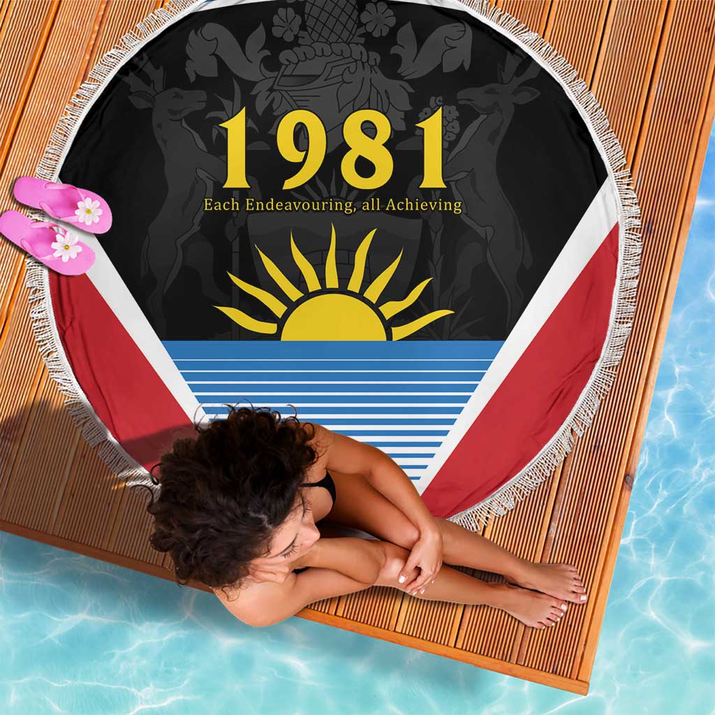 Round beach blanket with tassel fringe, red/white 1981 sun emblem and stripes