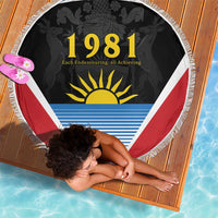 Round beach blanket with tassel fringe, red/white 1981 sun emblem and stripes