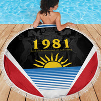 Round beach blanket with tassel fringe, red/white 1981 sun emblem over stripes
